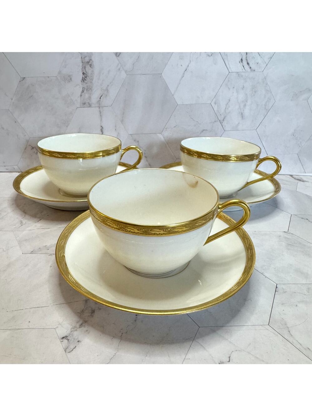 Vintage J Boyer Limoges Cup & Saucer Porcelain Gold Encrusted Set of 3 Excellent